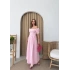 PONPONLU GİPELİ KETEN UZUN ELBİSE PEMBE