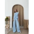 SIFIR KOL DİKİŞ DETAY BLUZ VE PANTOLONLU KETEN İKİLİ TAKIM MAVİ