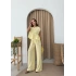 SIFIR KOL DİKİŞ DETAY BLUZ VE PANTOLONLU KETEN İKİLİ TAKIM SARI