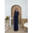 SIRT BAGLAMA DETAY BLUZ VE PANTOLONLU İKİLİ ÇİLEK TAKIM LACİVERT