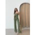 STRAPLEZ BÜZGÜLÜ BLUZ VE PANTOLONLU GOFRE İKİLİ TAKIM HAKİ