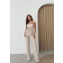 STRAPLEZ BÜZGÜLÜ BLUZ VE PANTOLONLU GOFRE İKİLİ TAKIM KREM