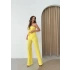 STRAPLEZ BÜZGÜLÜ BLUZ VE PANTOLONLU GOFRE İKİLİ TAKIM SARI
