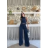 TERS DİKİŞ HALTER YAKA CROP VE PANTOLONLU İKİLİ TAKIM LACİVERT