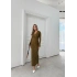 TERS DİKİŞ V YAKA GOFRE UZUN KALEM ELBİSE YEŞİL
