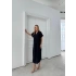 V YAKA UZUN YIRTMAÇLI KETEN ELBİSE LACİVERT