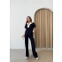 YAKA DETAY BLUZ VE ŞERİTLİ PANTOLONLU MODAL İKİLİ TAKIM LACİVERT