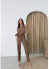 SIFIR KOL BLUZ VE PANTOLONLU İKİLİ TAKIM KAHVE