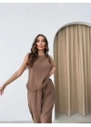 SIFIR KOL BLUZ VE PANTOLONLU İKİLİ TAKIM KAHVE