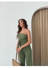 STRAPLEZ BÜZGÜLÜ BLUZ VE PANTOLONLU GOFRE İKİLİ TAKIM HAKİ