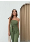 STRAPLEZ BÜZGÜLÜ BLUZ VE PANTOLONLU GOFRE İKİLİ TAKIM HAKİ