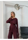 SIRT BAĞLAMA DETAY BLUZ VE PANTOLONLU MODAL İKİLİ TAKIM BORDO