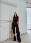 AKSESUAR DETAY BLUZ VE PANTOLONLU GOFRE İKİLİ TAKIM KAHVE