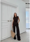 AKSESUAR DETAY BLUZ VE PANTOLONLU GOFRE İKİLİ TAKIM KAHVE