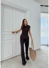 AKSESUAR DETAY BLUZ VE PANTOLONLU GOFRE İKİLİ TAKIM KAHVE