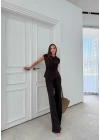 AKSESUAR DETAY BLUZ VE PANTOLONLU GOFRE İKİLİ TAKIM KAHVE