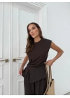 AKSESUAR DETAY BLUZ VE PANTOLONLU GOFRE İKİLİ TAKIM KAHVE