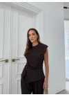 AKSESUAR DETAY BLUZ VE PANTOLONLU GOFRE İKİLİ TAKIM KAHVE