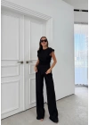 AKSESUAR DETAY BLUZ VE PANTOLONLU GOFRE İKİLİ TAKIM SİYAH