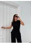 AKSESUAR DETAY BLUZ VE PANTOLONLU GOFRE İKİLİ TAKIM SİYAH