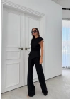 AKSESUAR DETAY BLUZ VE PANTOLONLU GOFRE İKİLİ TAKIM SİYAH