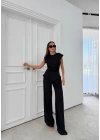 AKSESUAR DETAY BLUZ VE PANTOLONLU GOFRE İKİLİ TAKIM SİYAH