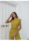 AKSESUAR DETAY BLUZ VE PANTOLONLU GOFRE İKİLİ TAKIM YEŞİLL