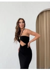 AKSESUAR DETAY BOYUNDAN BAĞLAMALI UZUN ELBİSE SİYAH