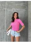 AKSESUAR DETAY CROP TRİKO BLUZ PEMBE