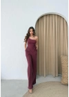 AKSESUAR DETAY YAN BÜZGÜLÜ BLUZ VE PANTOLONLU GOFRE İKİLİ TAKIM BORDO