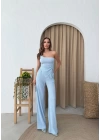AKSESUAR DETAY YAN BÜZGÜLÜ BLUZ VE PANTOLONLU GOFRE İKİLİ TAKIM MAVİ