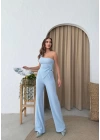 AKSESUAR DETAY YAN BÜZGÜLÜ BLUZ VE PANTOLONLU GOFRE İKİLİ TAKIM MAVİ