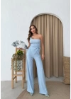 AKSESUAR DETAY YAN BÜZGÜLÜ BLUZ VE PANTOLONLU GOFRE İKİLİ TAKIM MAVİ