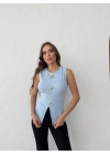 AKSESUAR DETAY YIRTMAÇLI OTTOMAN BLUZ MAVİ