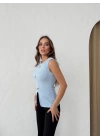 AKSESUAR DETAY YIRTMAÇLI OTTOMAN BLUZ MAVİ