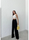 APOLET KEMER DETAY PİLELİ PALAZZO KETEN PANTOLON SİYAH