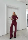ASİMETRİK BEL KUŞAKLI BLUZ VE PANTOLONLU İKİLİ TAKIM BORDO