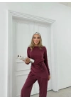 ASİMETRİK BEL KUŞAKLI BLUZ VE PANTOLONLU İKİLİ TAKIM BORDO