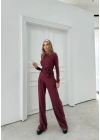 ASİMETRİK BEL KUŞAKLI BLUZ VE PANTOLONLU İKİLİ TAKIM BORDO