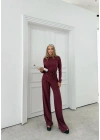 ASİMETRİK BEL KUŞAKLI BLUZ VE PANTOLONLU İKİLİ TAKIM BORDO