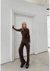 ASİMETRİK BEL KUŞAKLI BLUZ VE PANTOLONLU İKİLİ TAKIM KAHVE