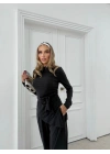 ASİMETRİK BEL KUŞAKLI BLUZ VE PANTOLONLU İKİLİ TAKIM SİYAH