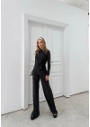ASİMETRİK BEL KUŞAKLI BLUZ VE PANTOLONLU İKİLİ TAKIM SİYAH
