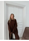 ASİMETRİK DETAY KAZAK VE PANTOLONLU TRİKO İKİLİ TAKIM KAHVE RY-8010