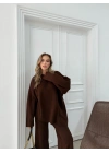 ASİMETRİK DETAY KAZAK VE PANTOLONLU TRİKO İKİLİ TAKIM KAHVE RY-8010
