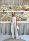 ASKI TERS DİKİŞ DETAY BLUZ VE PANTOLON GÖFRE İKİLİ TAKIM KREM