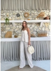 ASKI TERS DİKİŞ DETAY BLUZ VE PANTOLON GÖFRE İKİLİ TAKIM KREM