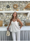 ASKI TERS DİKİŞ DETAY BLUZ VE PANTOLON GÖFRE İKİLİ TAKIM KREM