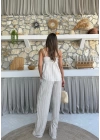 ASKI TERS DİKİŞ DETAY BLUZ VE PANTOLON GÖFRE İKİLİ TAKIM KREM