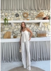 ASKI TERS DİKİŞ DETAY BLUZ VE PANTOLON GÖFRE İKİLİ TAKIM KREM